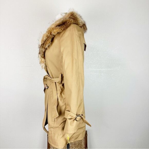 Vintage 1970 Penny Lane Racoon Fur Trim Coat Jacket Winter Waist Tie Trench - Picture 6 of 11